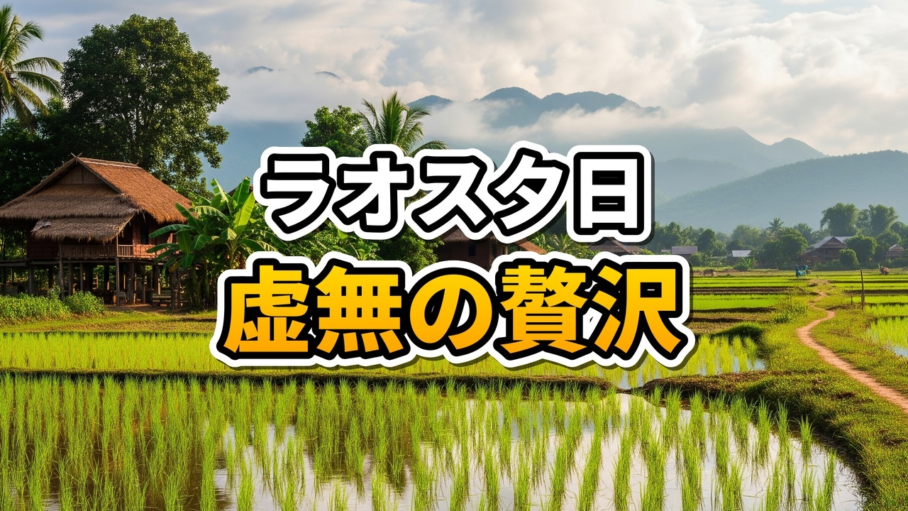 夕暮れ時のラオス・ビエンチャンにあるキャンプ風カフェ。水辺に浮かぶわらぶき屋根のガゼボと白いテント、温かい照明が灯るリラックスした風景。