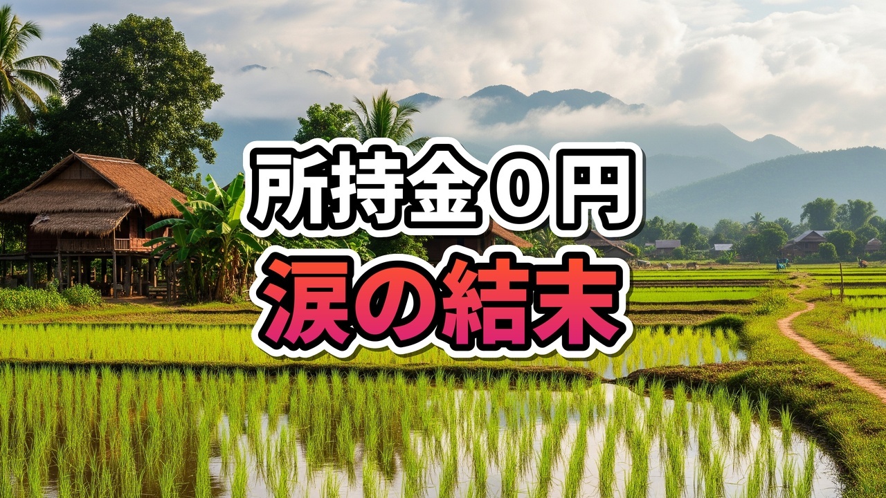 ラオスの雑貨店で、お金が足りない青年に店主の女性が笑顔でマットレスを手渡している感動的なシーン。
