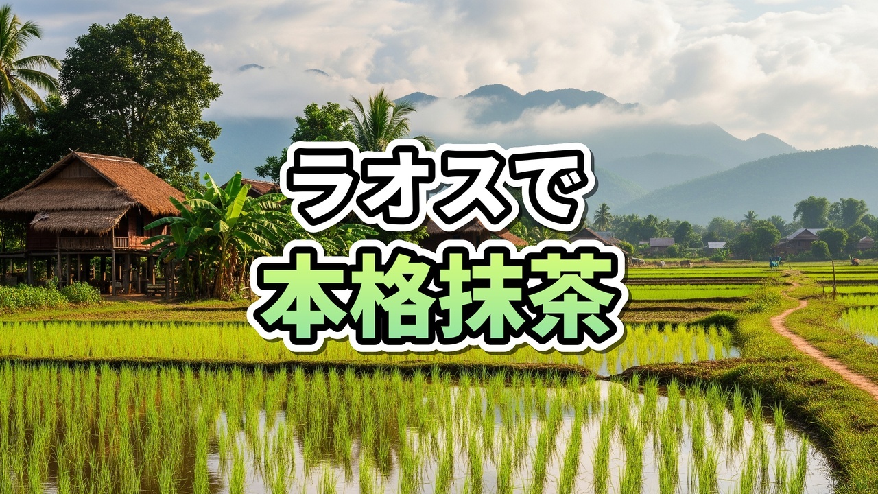 ラオス・ビエンチャンのMao Mao Matcha Cafeで提供される、氷が入った冷たいココナッツ抹茶ラテのクローズアップ