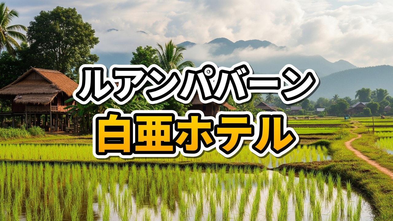 青空の下に建つルアンパバーンのNava Hotelの外観。白い壁と優しいグリーンの窓枠が特徴的で、手前にはレンタサイクル用の白い自転車が置かれている。