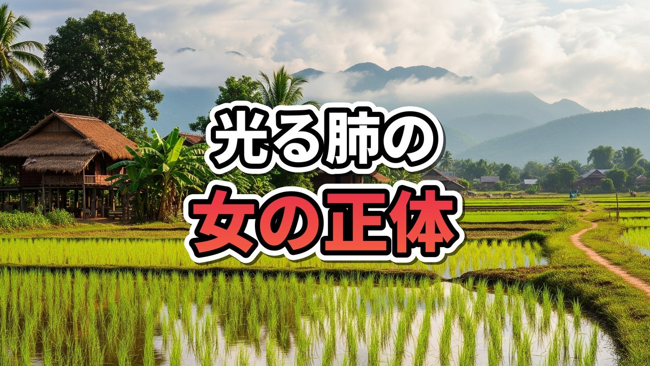 薄暗い部屋に佇む女性のシルエットと、首元で不気味に発光する肺のような形状、背景にはバンビエンの山々