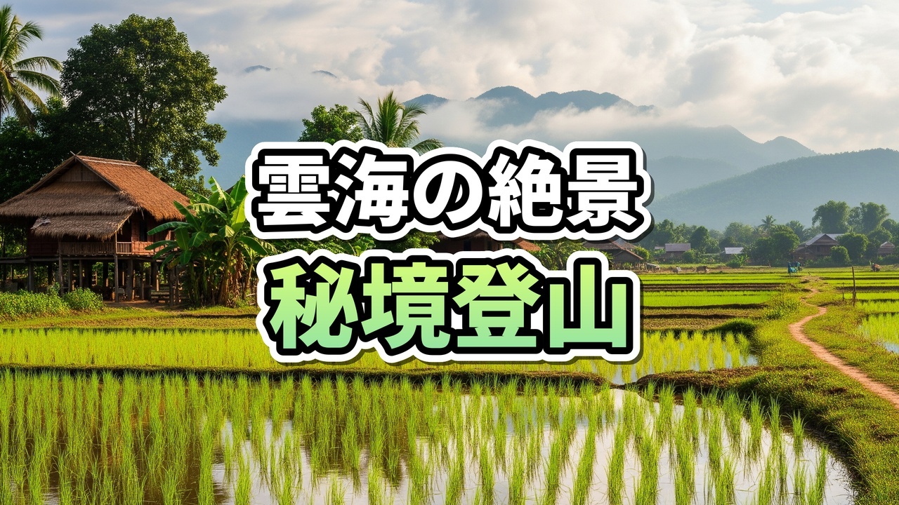 ラオスのヴァンヴィエン、プー・ナム・テム山頂から望む雲海と朝日、スマホで自撮りをする登山者