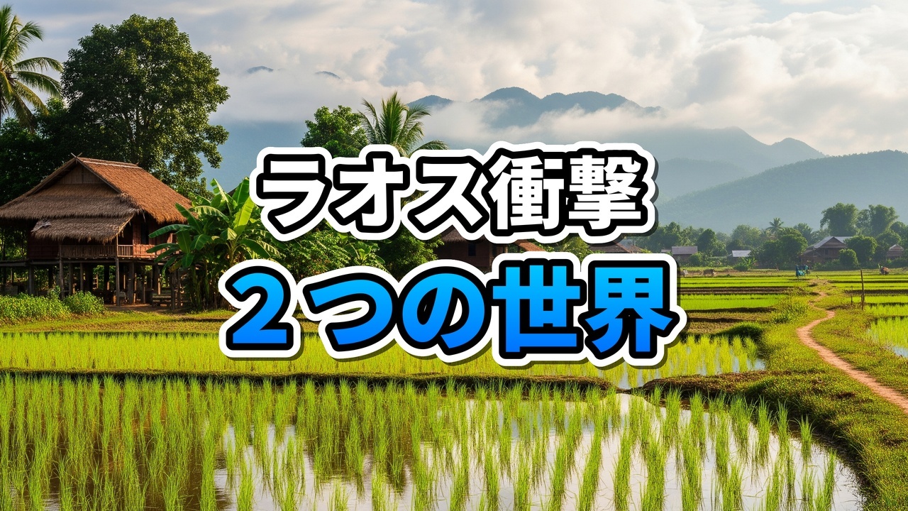 ラオスのビエンチャンにおけるローカルな未舗装の路地と、ネオンが輝く近代的なチャイナタウンの対比画像