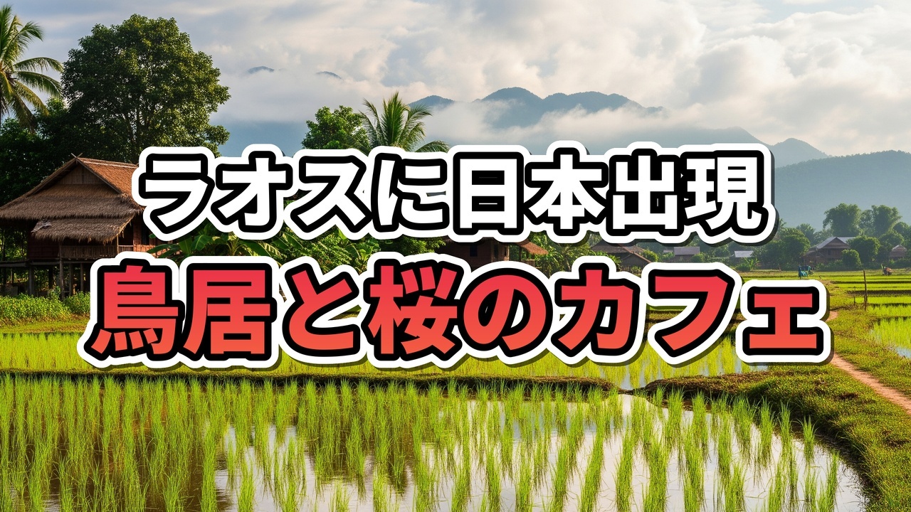 Entrance of Blossom Cafe in Ban Hom Vientiane, featuring a large red Torii gate and pink cherry blossom trees under a blue sky.