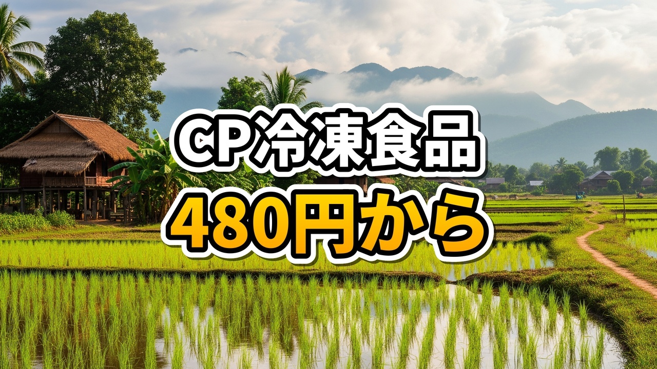 ビエンチャンのCP Fresh Shop店内で冷凍食品のパッケージを手に持ち笑顔を見せる店員と、背後に並ぶ清潔な業務用冷凍庫