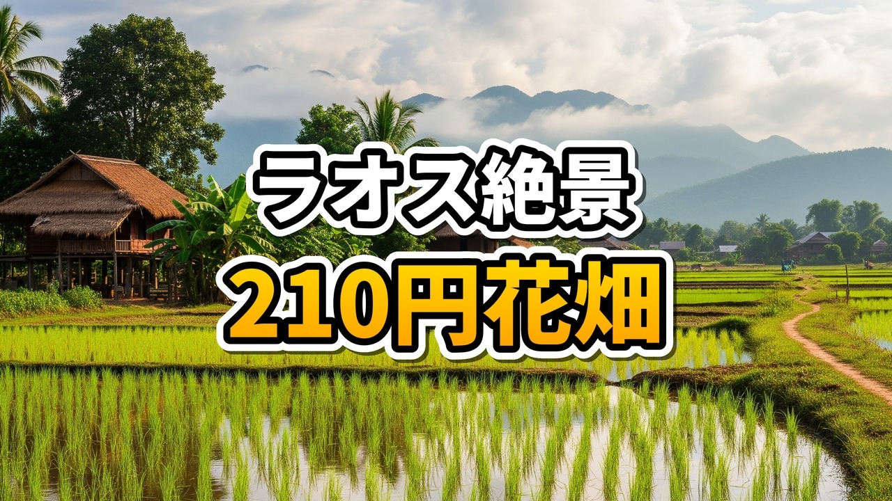 ビエンチャンのGolden Hour Garden、夕暮れ時に咲き誇る赤と黄色のケイトウの花畑と白いキャンプテント