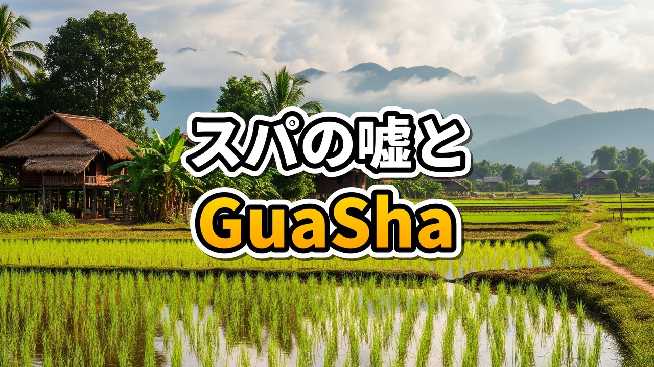 ローズクォーツのカッサを使ってフェイスマッサージをするアジア人女性のアップ