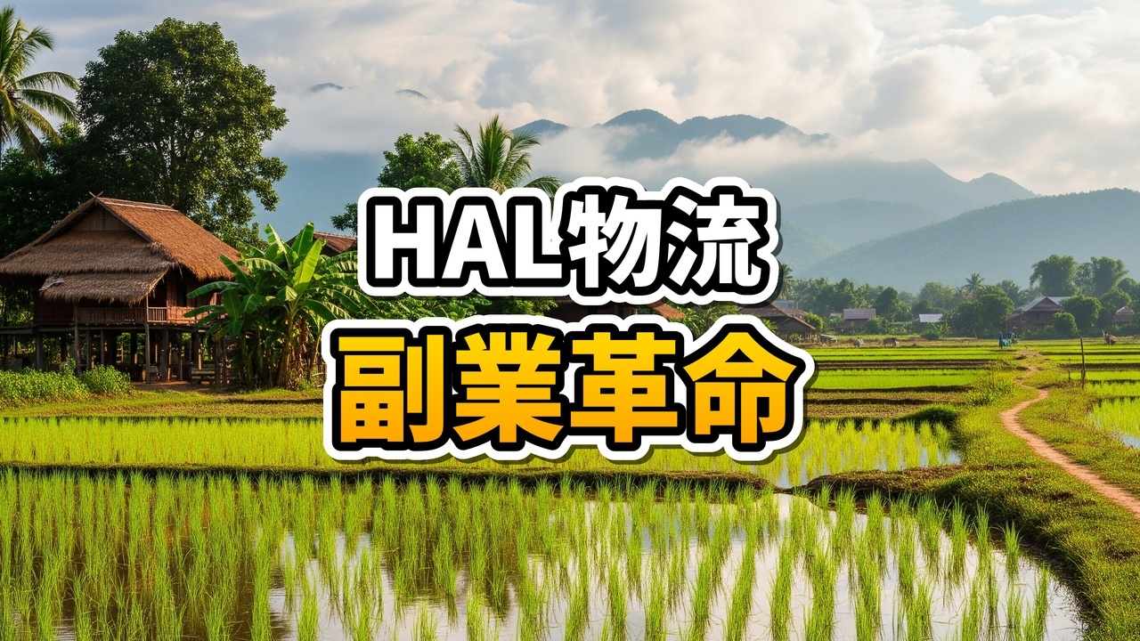 ビエンチャンの街を走るHAL Logisticsの赤いトラックと、スマートフォンでEコマースアプリを操作して報酬を確認するラオスの若者。