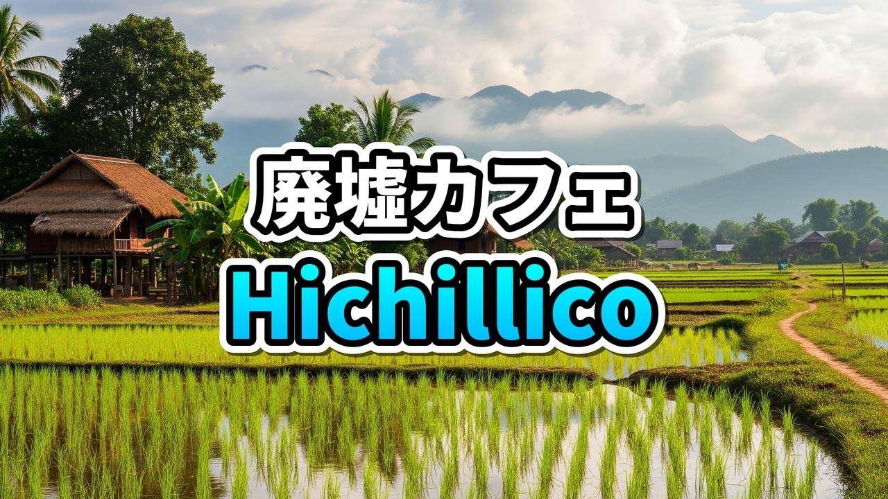 ラオス・ビエンチャンのタートダム隣にある廃墟風カフェ「Hichillico」の外観。緑のツタに覆われたレトロなコロニアル建築。