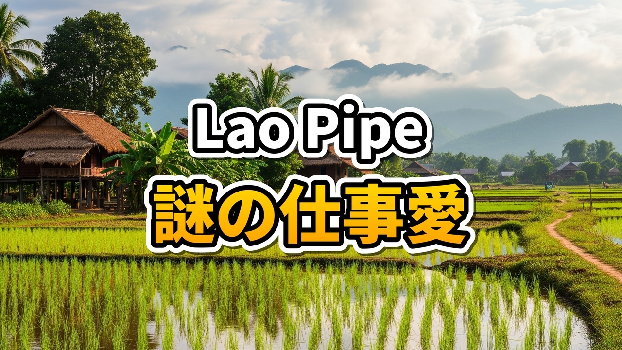 ラオスの倉庫で笑顔で青いパイプを運ぶ黄色いベストを着た男性作業員