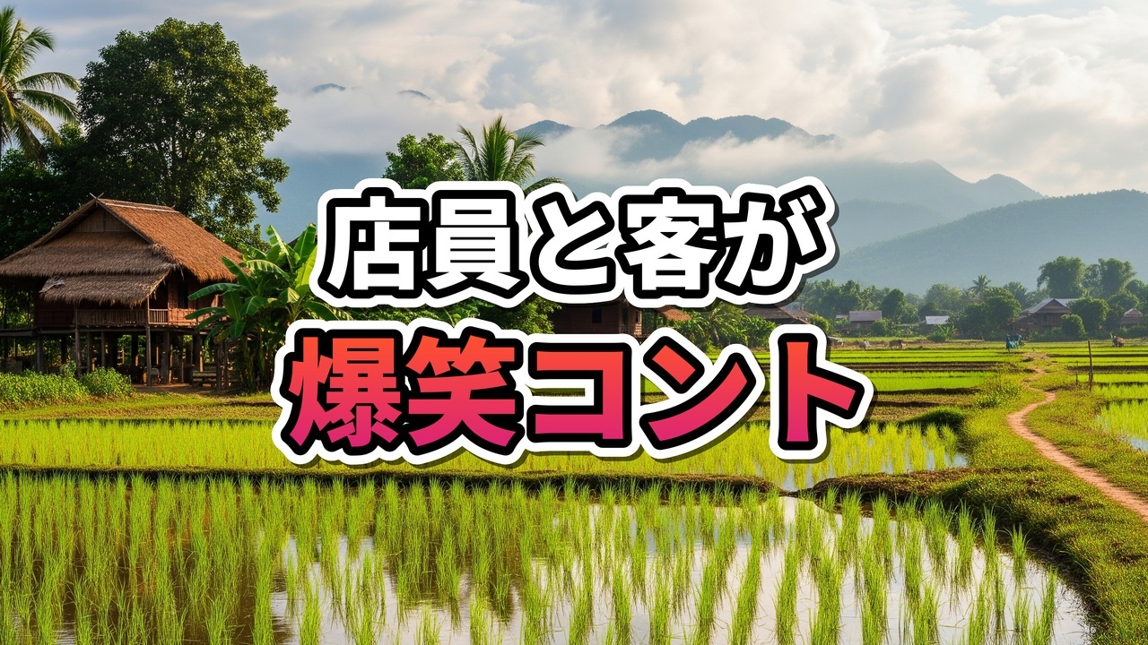 ラオスのコスメショップ「BOUAPHA」で笑顔で会話する男性店員と女性客