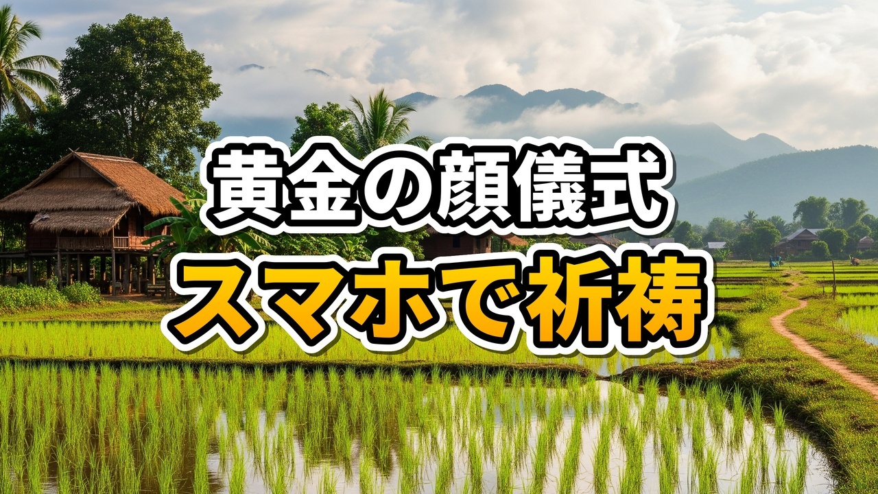 ラオスの祭壇に置かれた黄金の仮面（プラ・ラック・ナー・トーン）と、背景で揺らめく祈祷用のロウソク