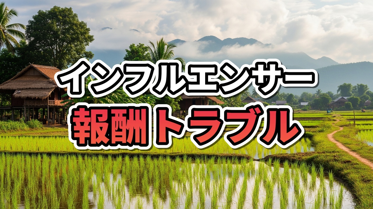 スマートフォンの請求画面を見て驚くラオス人の女性販売者と、机に積まれた化粧品の小袋