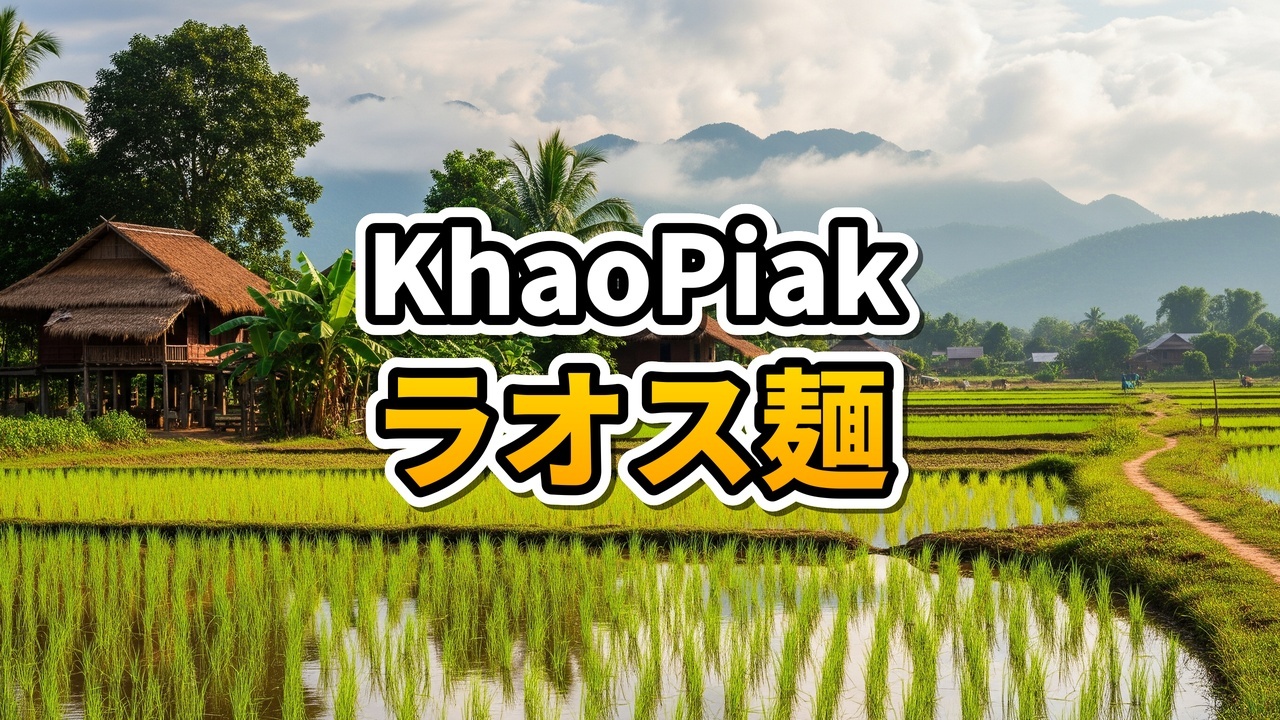 ラオスの屋台でカオ・ピヤック・セン（モチモチ麺）を笑顔で食べる女子学生と赤いテーブルの上の料理