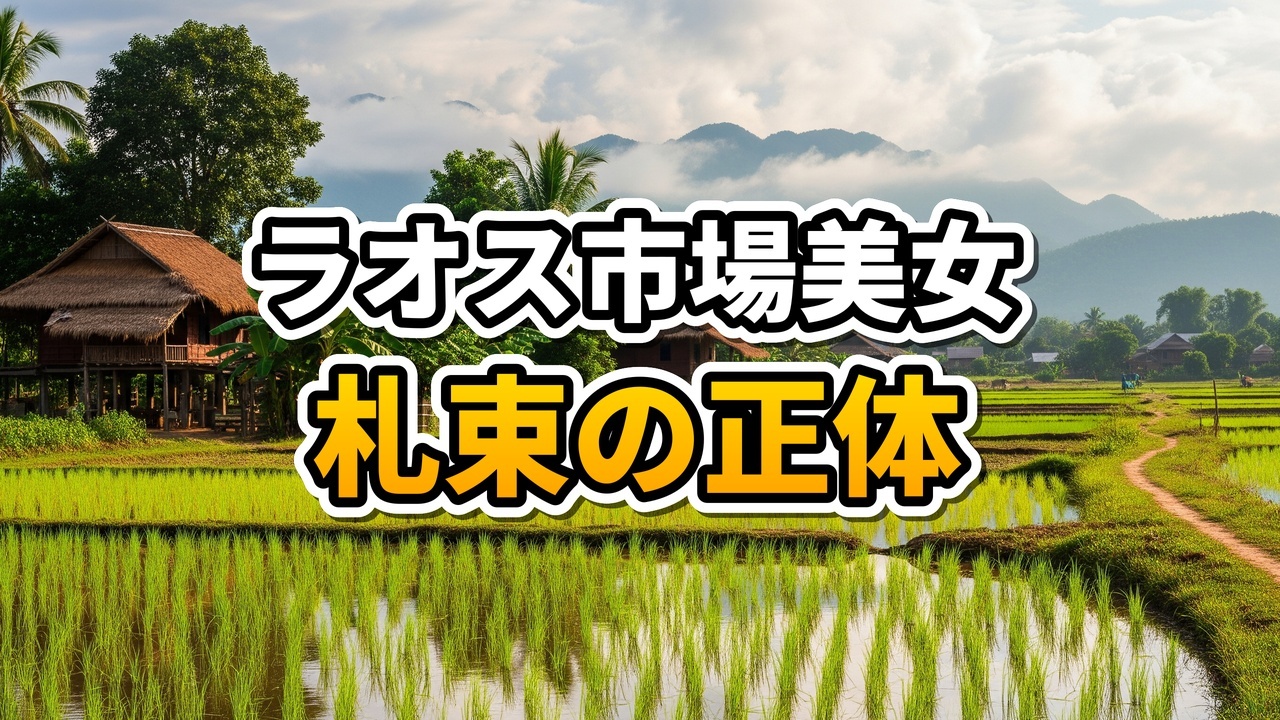 ラオスの市場で赤いエプロンを着て大量の紙幣を持つニンニク売りの女性