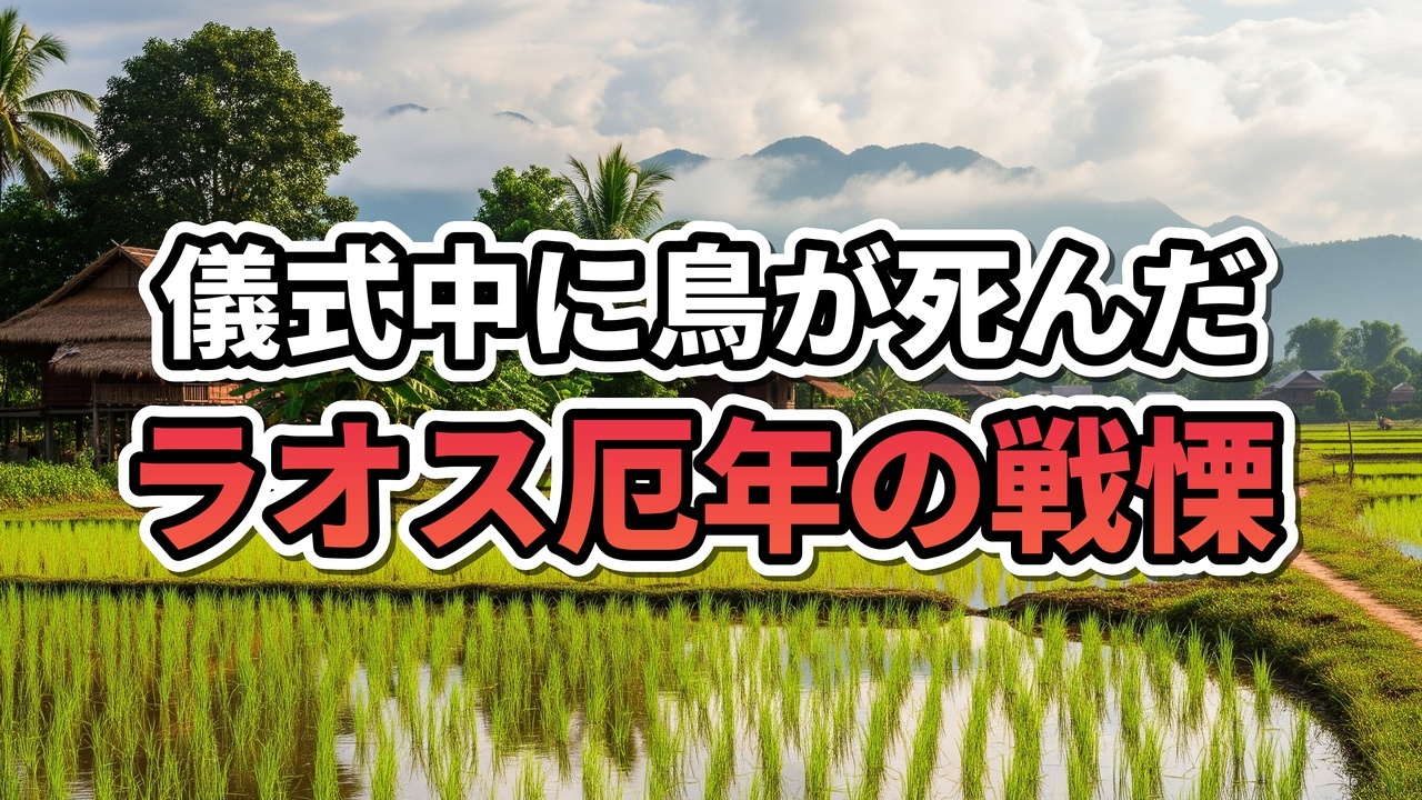 ラオスの厄払い儀式で使われる竹籠の中の鳥と、灯籠（ガトン）の様子