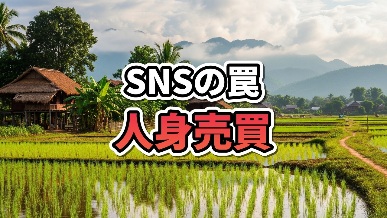 暗い部屋でスマートフォンを見つめる不安げな女性と、背景に浮かぶゴールデントライアングルの地図と警告テープ