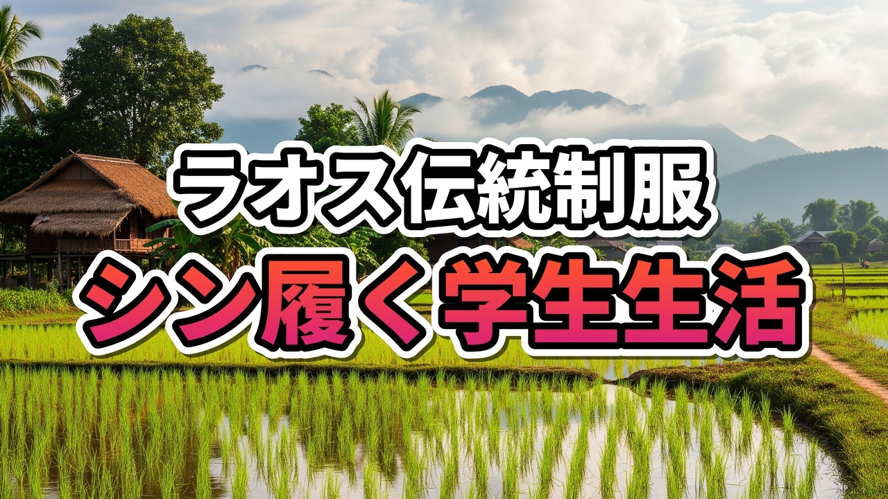 伝統的なシンを着用したラオスの女子学生が教室でお菓子を持っている様子
