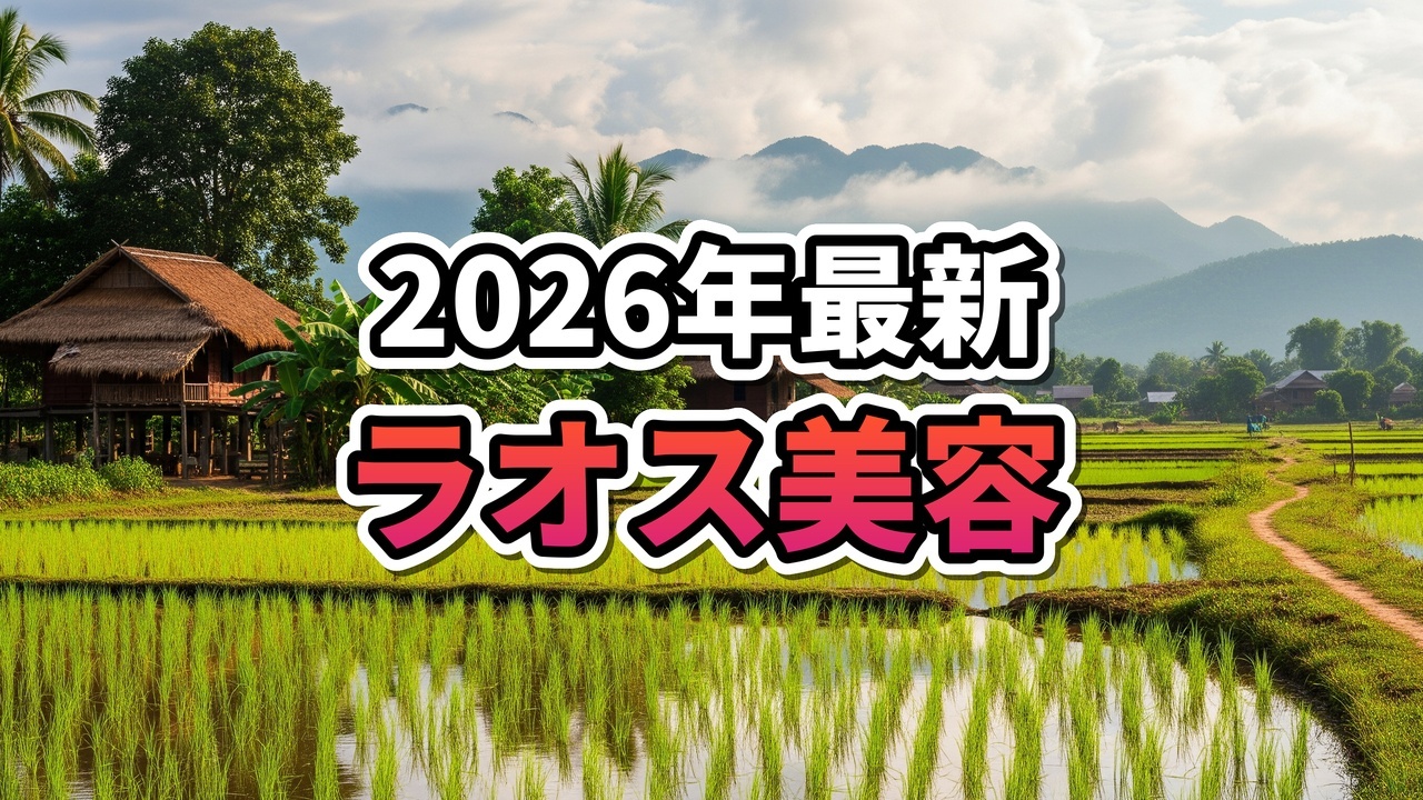 ビエンチャンの緑豊かな屋外カフェで赤いメイベリンのギフトボックスを嬉しそうに開けるアジア人女性