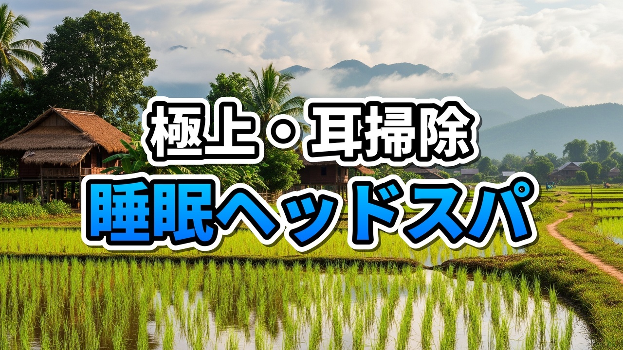 ラオスのスパで梵天（フワフワ）を使った耳掃除とヘッドスパを受けているリラックスした様子