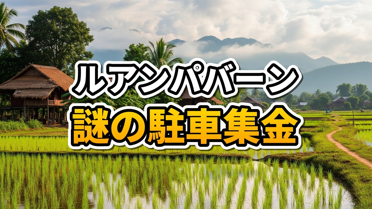 ルアンパバーンのカフェT56前で駐車料金を請求する緑色の服の女性とバンの運転手