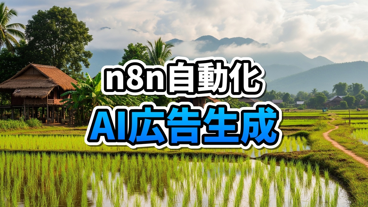 n8nのノードとドリアンが接続され、Facebook広告が自動生成されるイメージ図