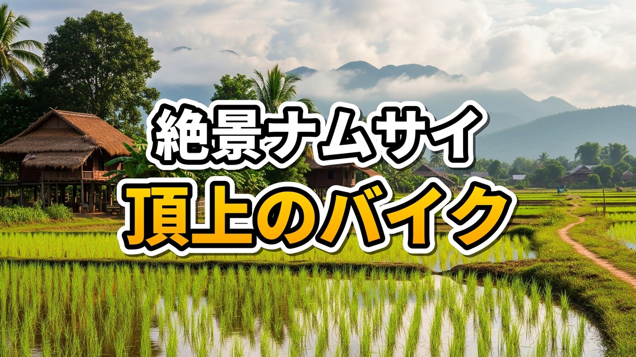 ラオス・ヴァンヴィエンのナムサイビューポイント頂上にあるバイクとラオス国旗、背景に広がるカルスト地形の山々と水田。