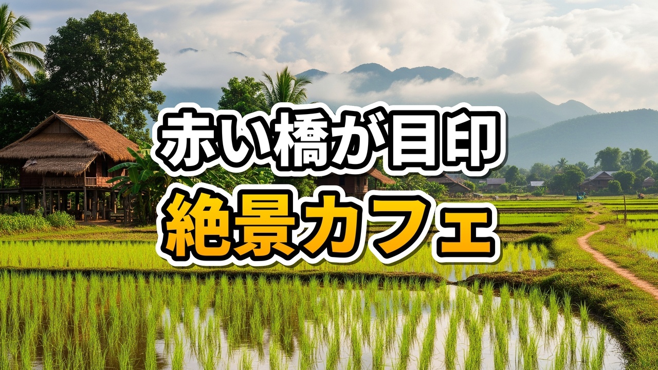 ラオス・バンビエンのナムソン川沿いにあるOasis Cafe。赤い橋と背後のカルスト地形の山々が美しい。