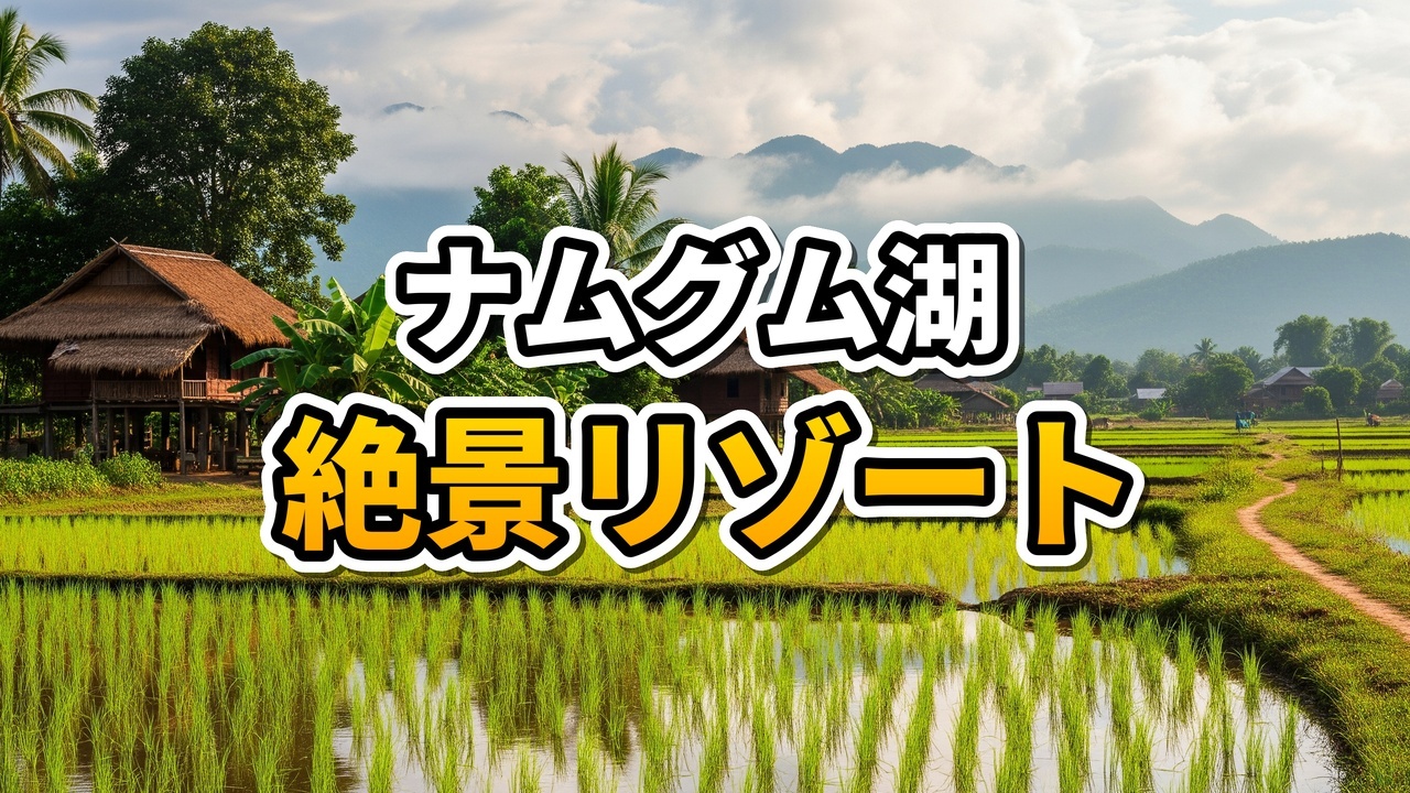 ラオスのナムグム湖にあるSanctuaryリゾートでジェットスキーを楽しむ女性と夕暮れの湖畔の風景