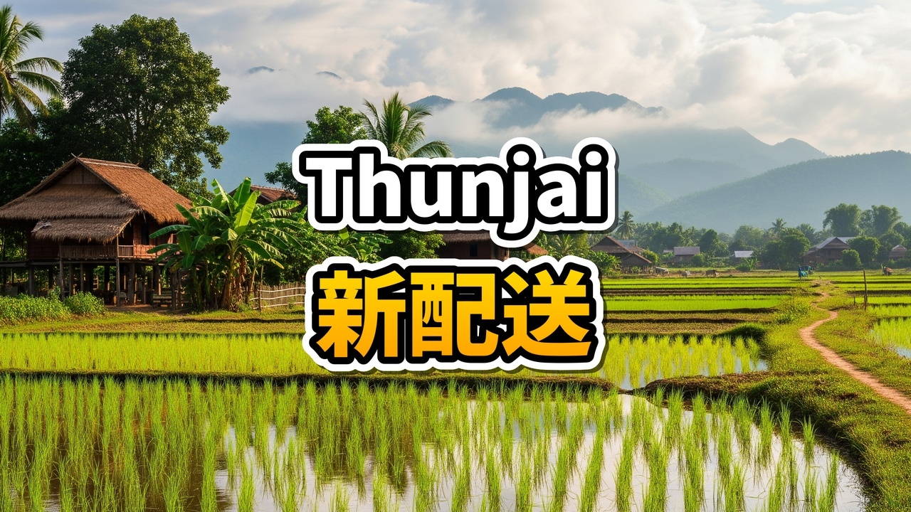 ビエンチャンの街を走るThunjai Expressの青と黄色の配送トラック