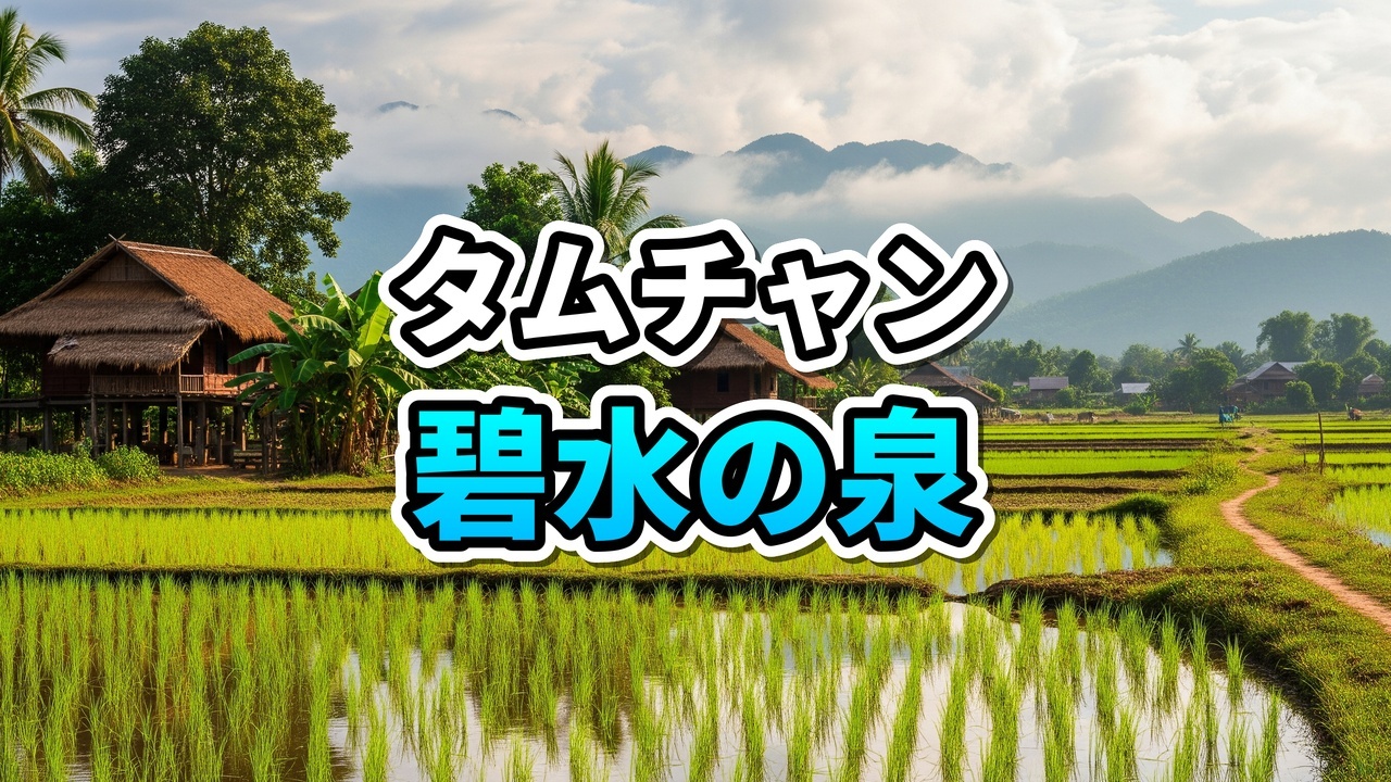 ヴァンヴィエンのタムチャン洞窟にある新しく整備されたウッドデッキと透き通った青い泉で泳ぐ人々