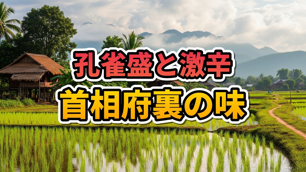 ビエンチャンのレストラン「12 Panna」で提供される、孔雀の置物が飾られた豪華な料理の盛り合わせと食事を楽しむ女性