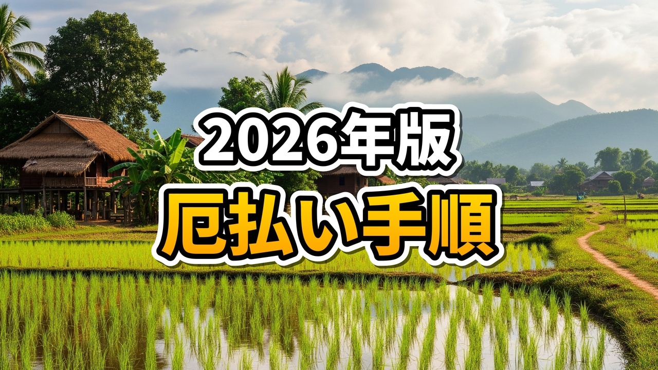 ビエンチャンの永珍善堂で赤い紙を持って厄払いの儀式を行う女性と寺院の内部