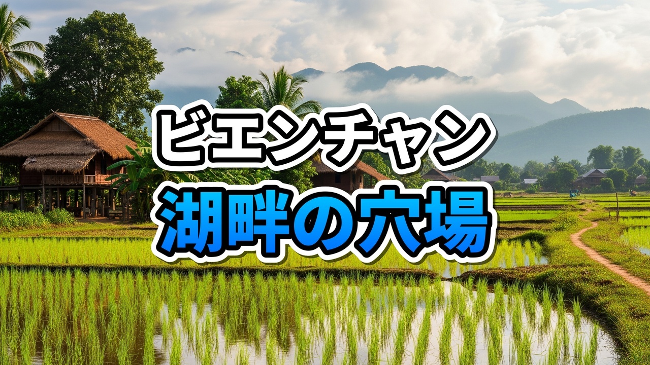 ラオスのビエンチャンにあるタート・ルアン湖畔で、夕日を背景にピクニックを楽しむ人々の風景。緑の芝生の上には白いピックアップトラックが停まっている。