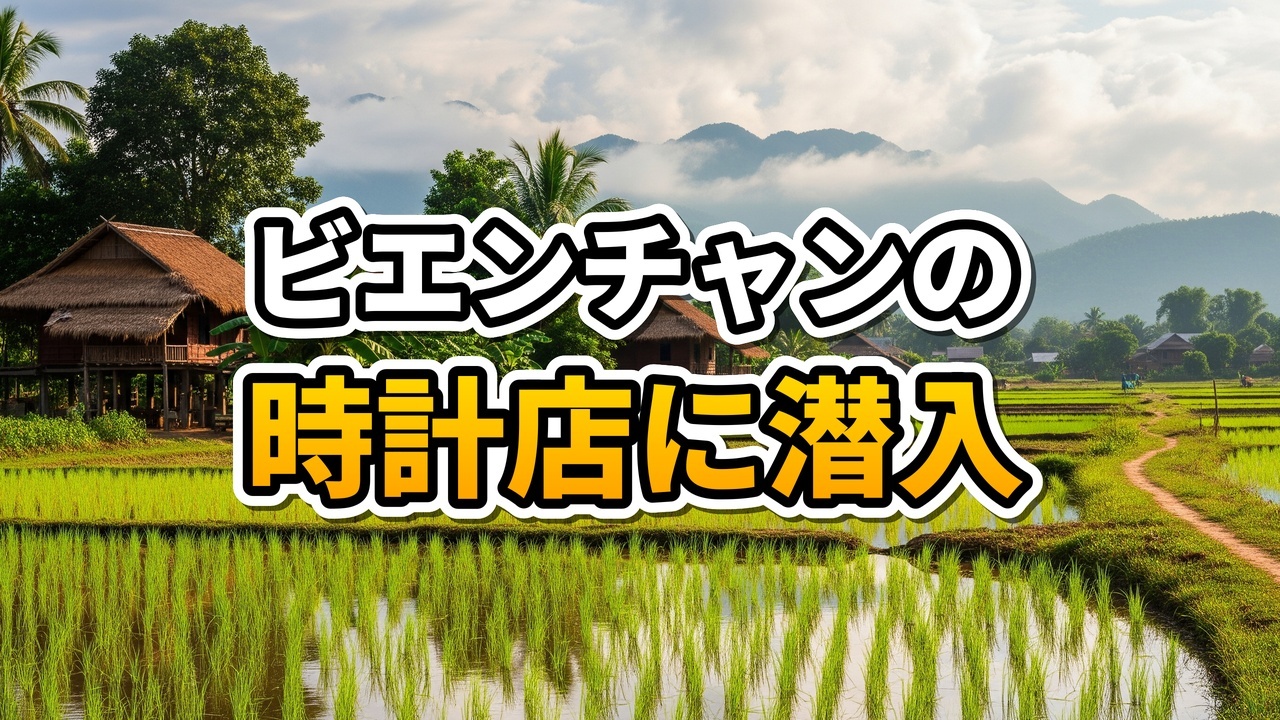 ビエンチャンの時計店で赤い箱に入った青い文字盤の高級腕時計を見せる眼鏡をかけた男性店主